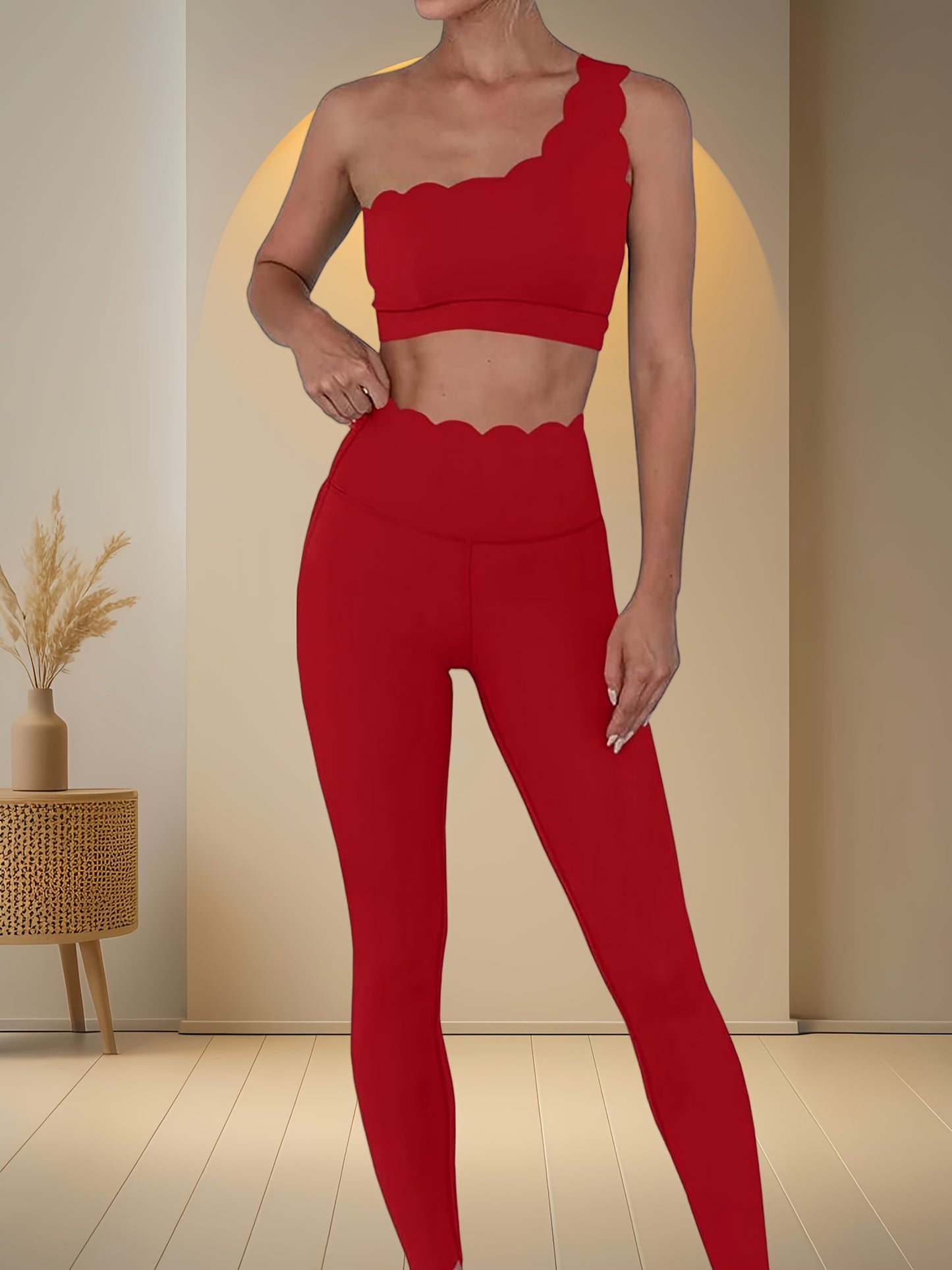 Women Two Piece High Waisted Leggings And Shoulder Bra Set