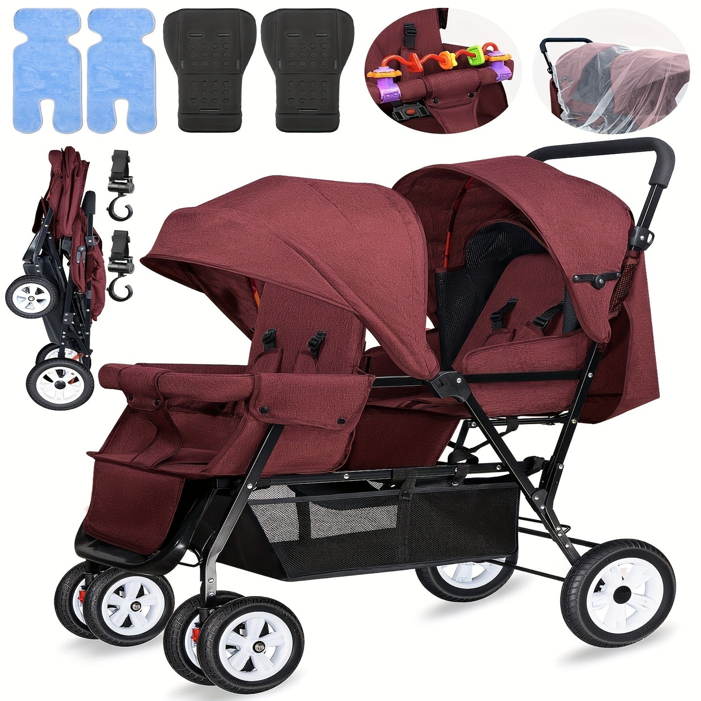 Foldable Double Stroller for Infants and Toddlers with Accessories