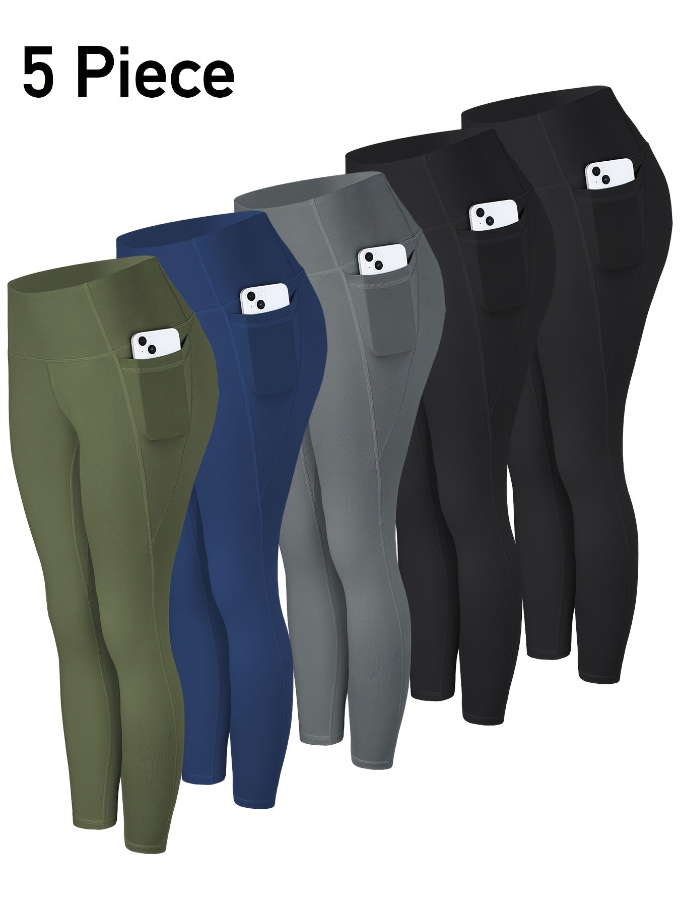 High-Waisted Leggings with Pockets for Women - 5 Pack