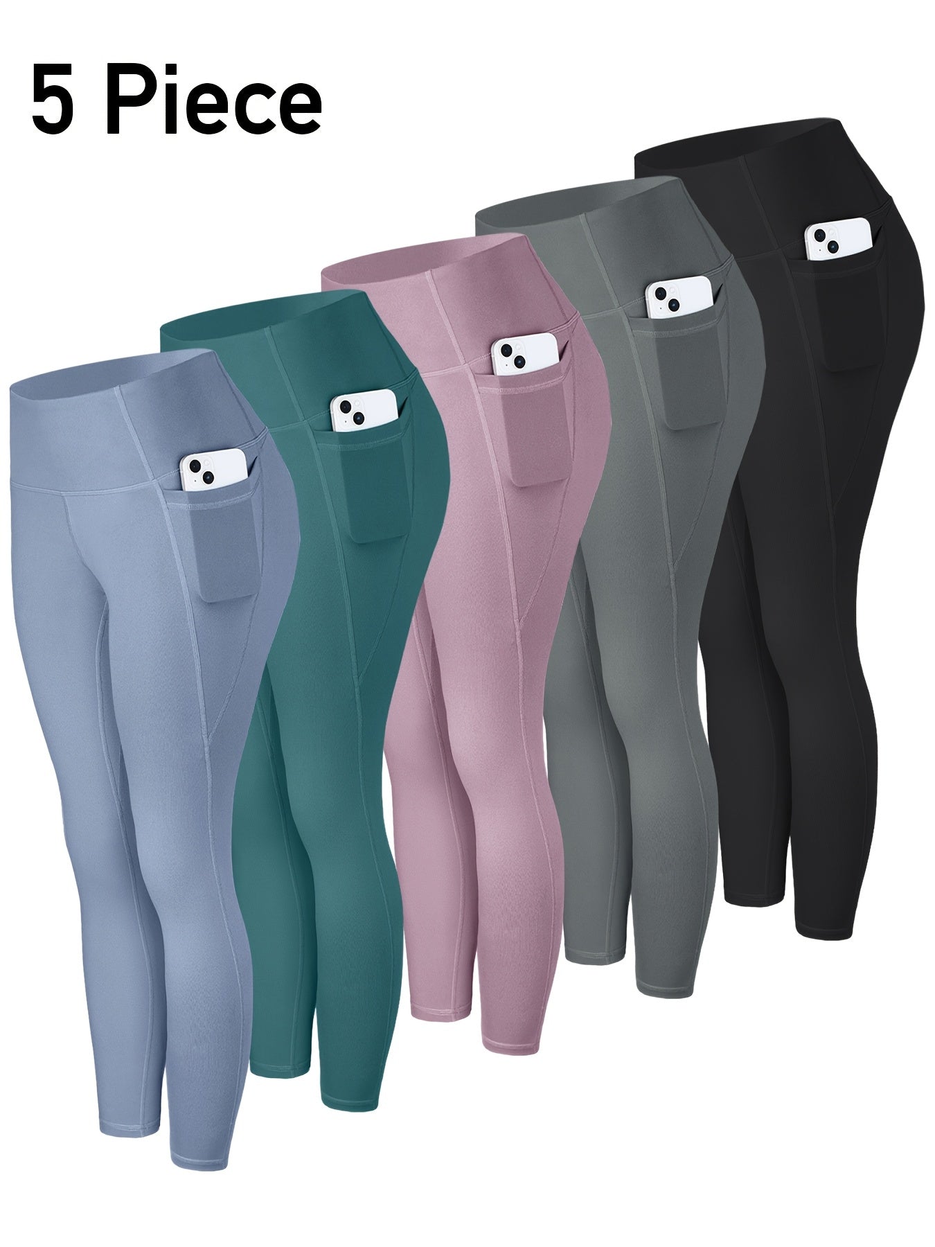 High-Waisted Leggings with Pockets for Women - 5 Pack