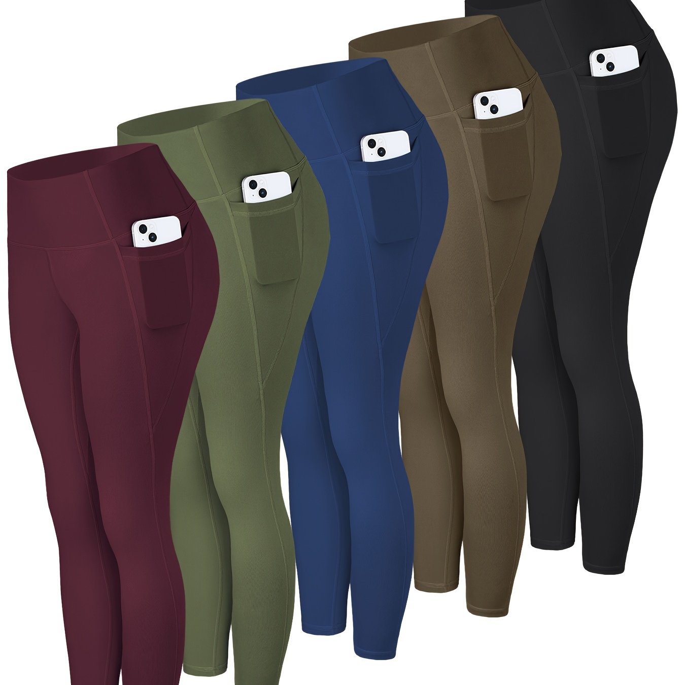 High-Waisted Leggings with Pockets for Women - 5 Pack