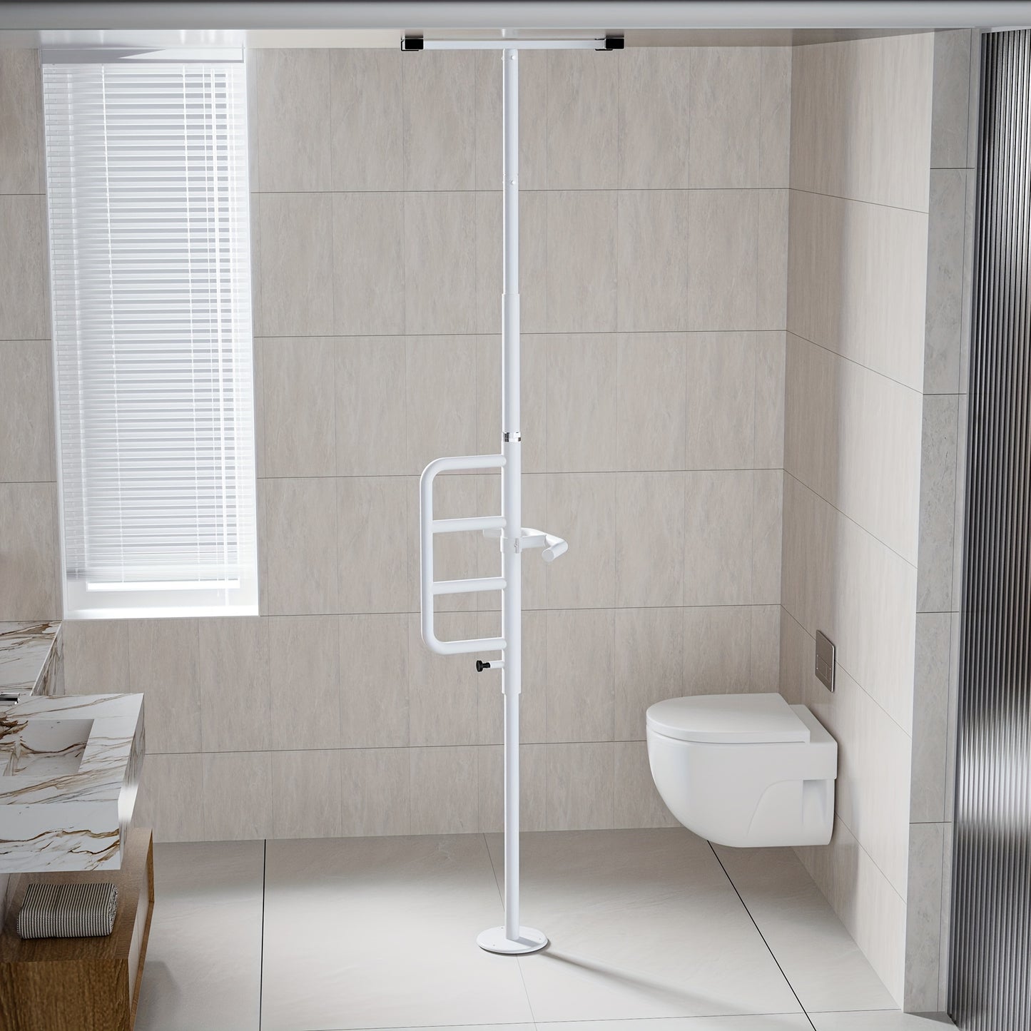 Floor-to-Ceiling Tension Pole with Curved Grab Bar for Safety