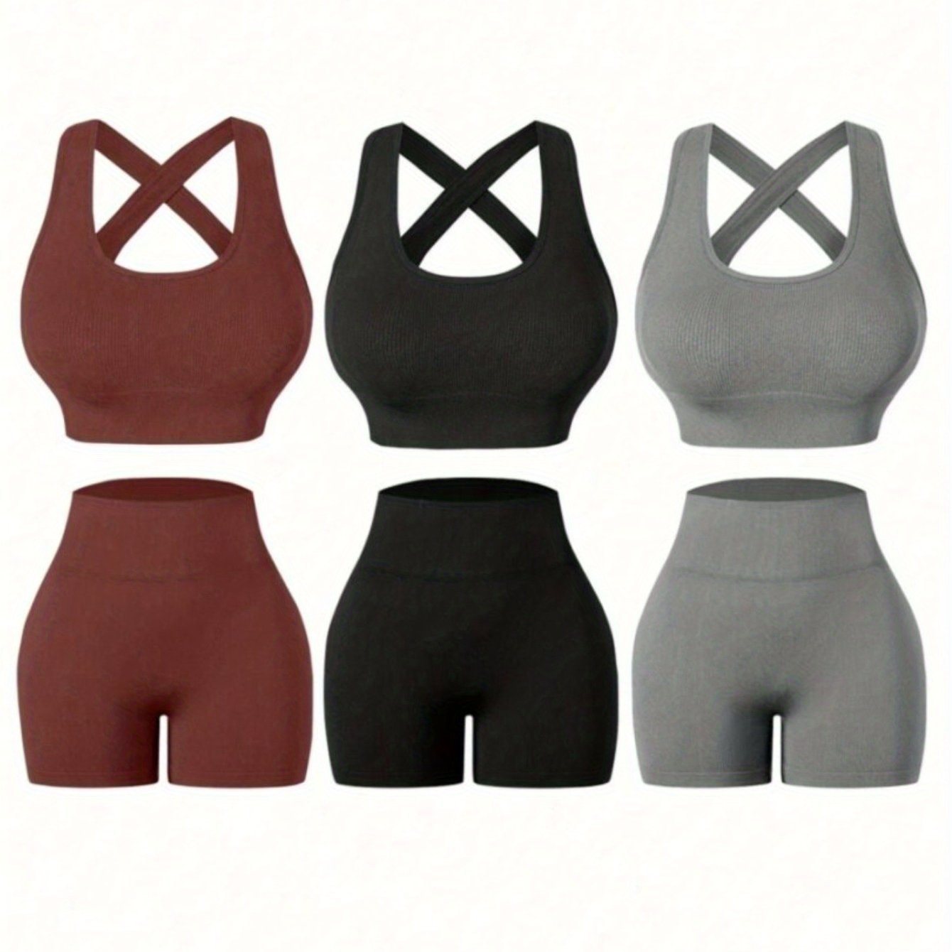 Three Piece Womens Fitness Set With Backless Bra And Shorts