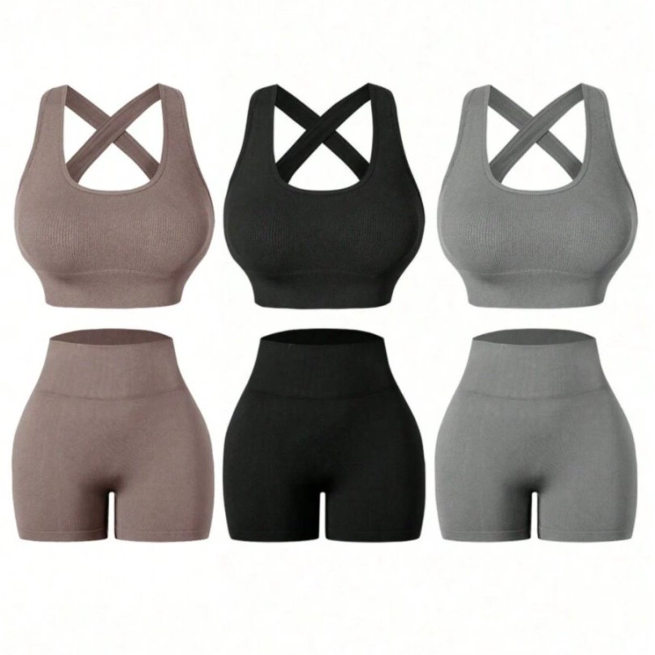 Three Piece Womens Fitness Set With Backless Bra And Shorts