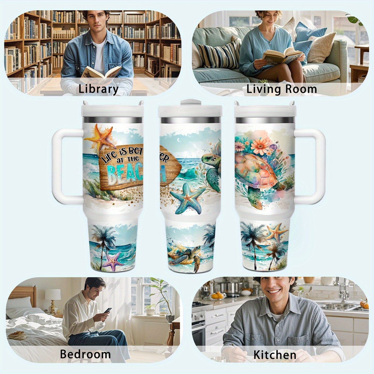 1pc 40oz/16oz Stainless Steel Tumbler with Lid And Straw, Double Wall Vacuum Insulated, Sea Turtle And Starfish Design, Keeps Drinks Hot 12H/Cold 24H, Ideal for Home, Office, Perfect for Christmas, Thanksgiving, Valentine's D