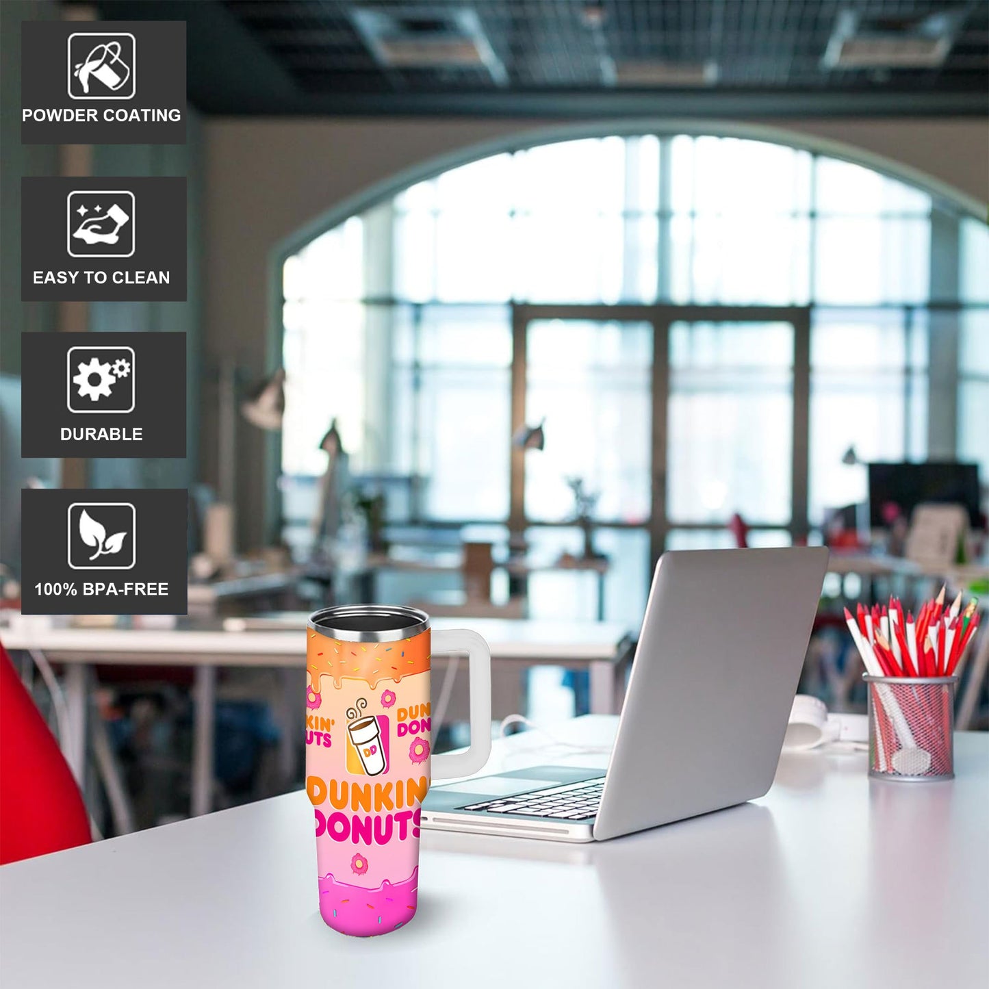 1pc 40oz Dunkin' Donuts Vibrant Pattern Tumbler, Double Wall Vacuum Insulated Travel Mug, Spill Proof Lid, Gift for Dad, Mom, Ideal for Christmas, Mother'S Day, Birthday Gift, Coffee Cup