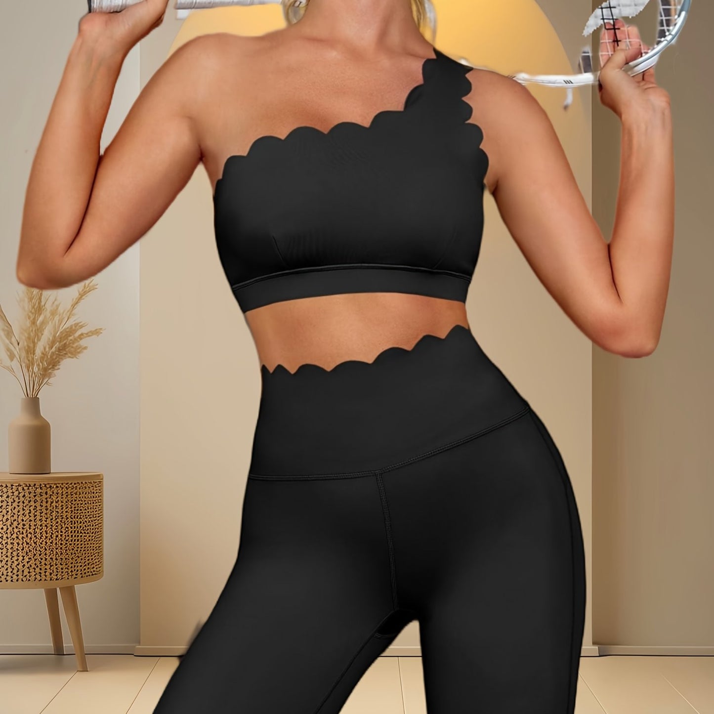 Women Two Piece High Waisted Leggings And Shoulder Bra Set
