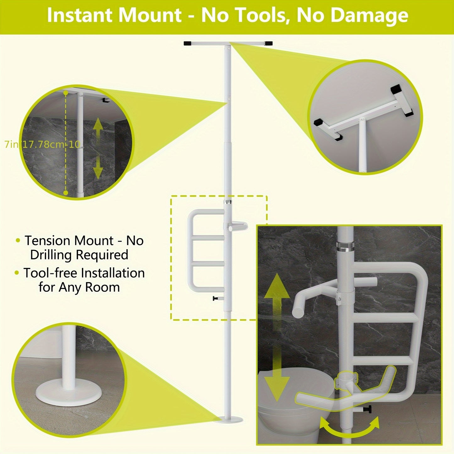 Floor-to-Ceiling Tension Pole with Curved Grab Bar for Safety