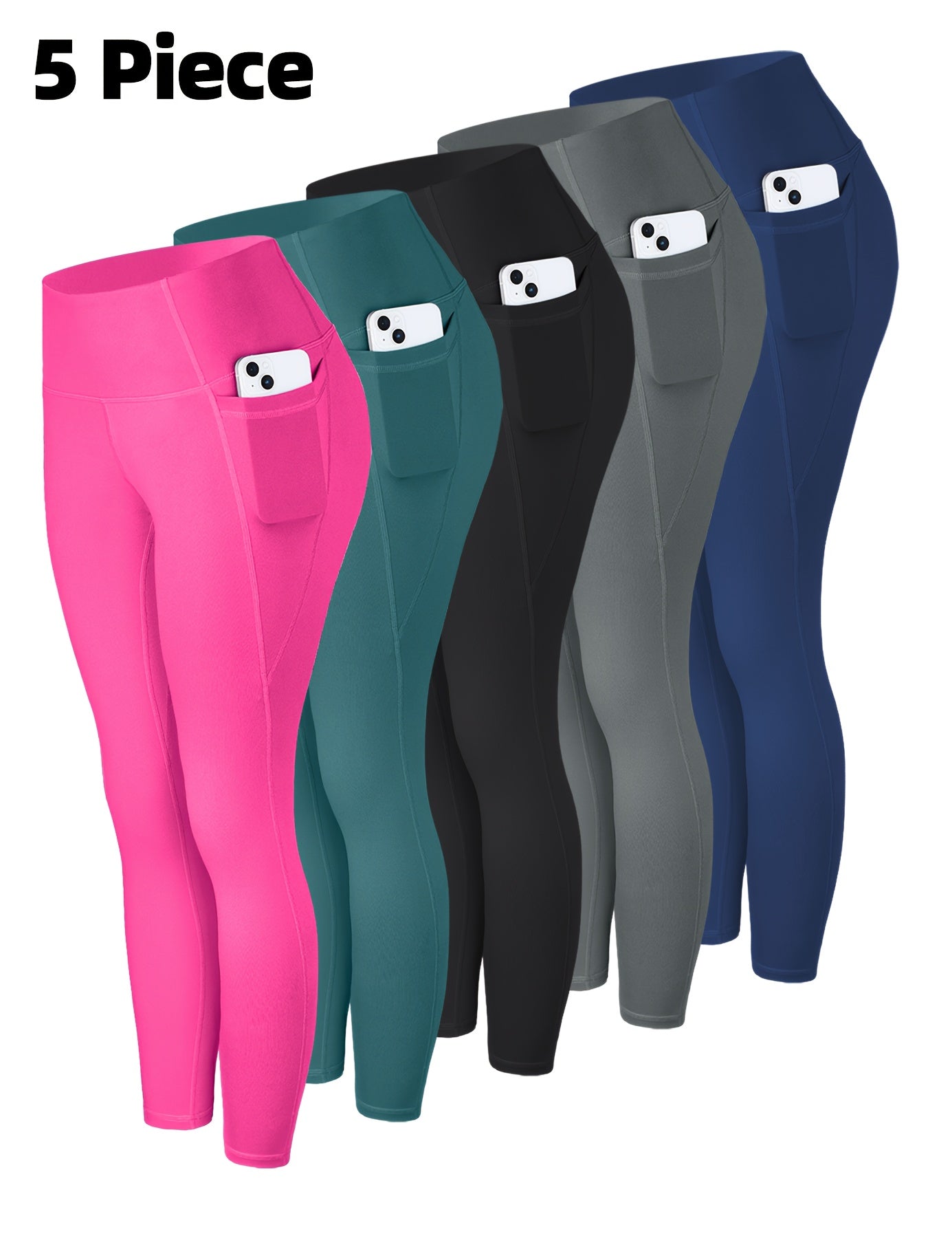 High-Waisted Leggings with Pockets for Women - 5 Pack