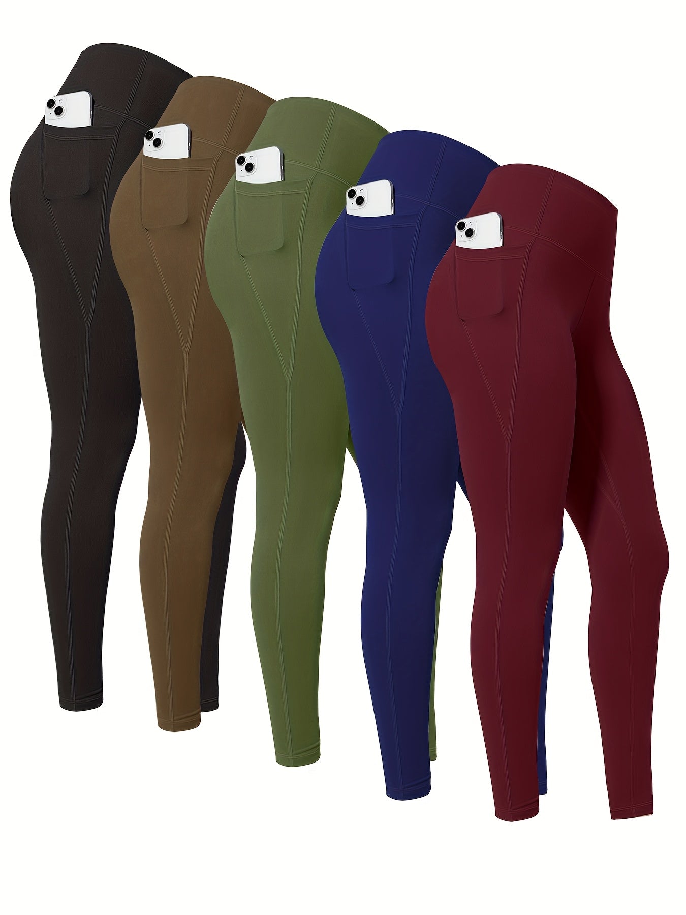 High-Waisted Leggings with Pockets for Women - 5 Pack