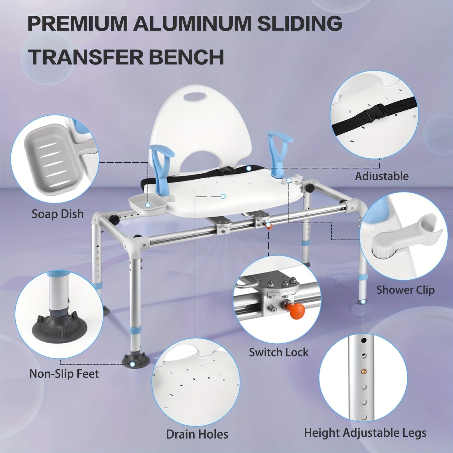 Adjustable Height Elderly Shower Bath Bench with Safety Seat