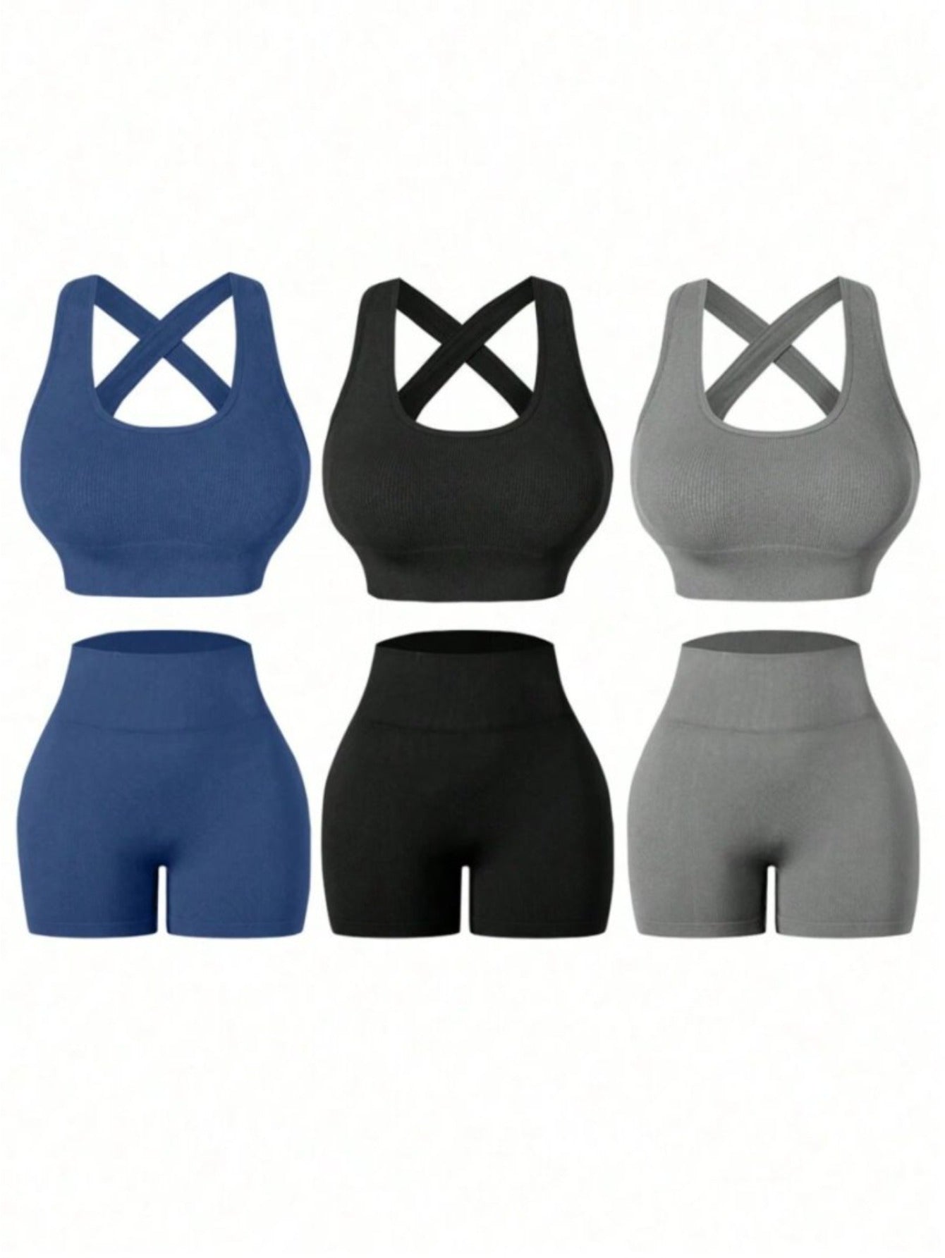 Three Piece Womens Fitness Set With Backless Bra And Shorts