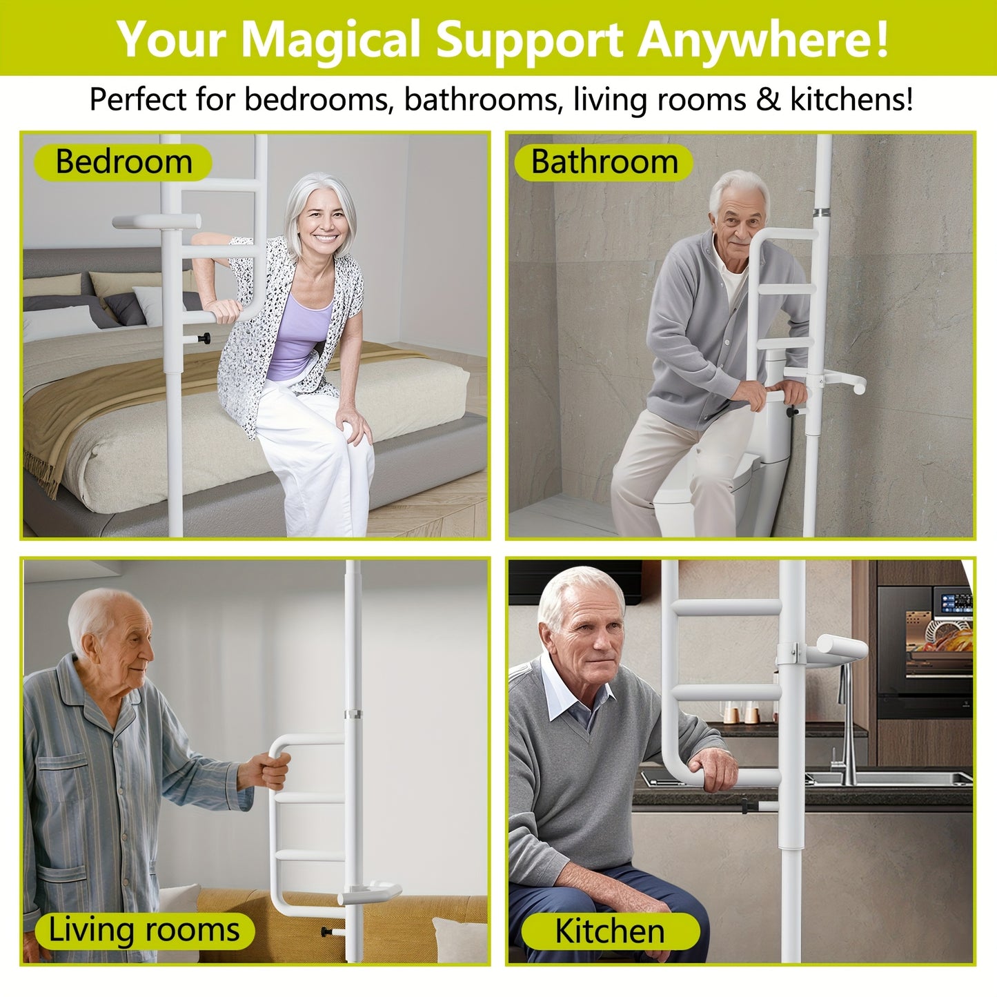 Floor-to-Ceiling Tension Pole with Curved Grab Bar for Safety