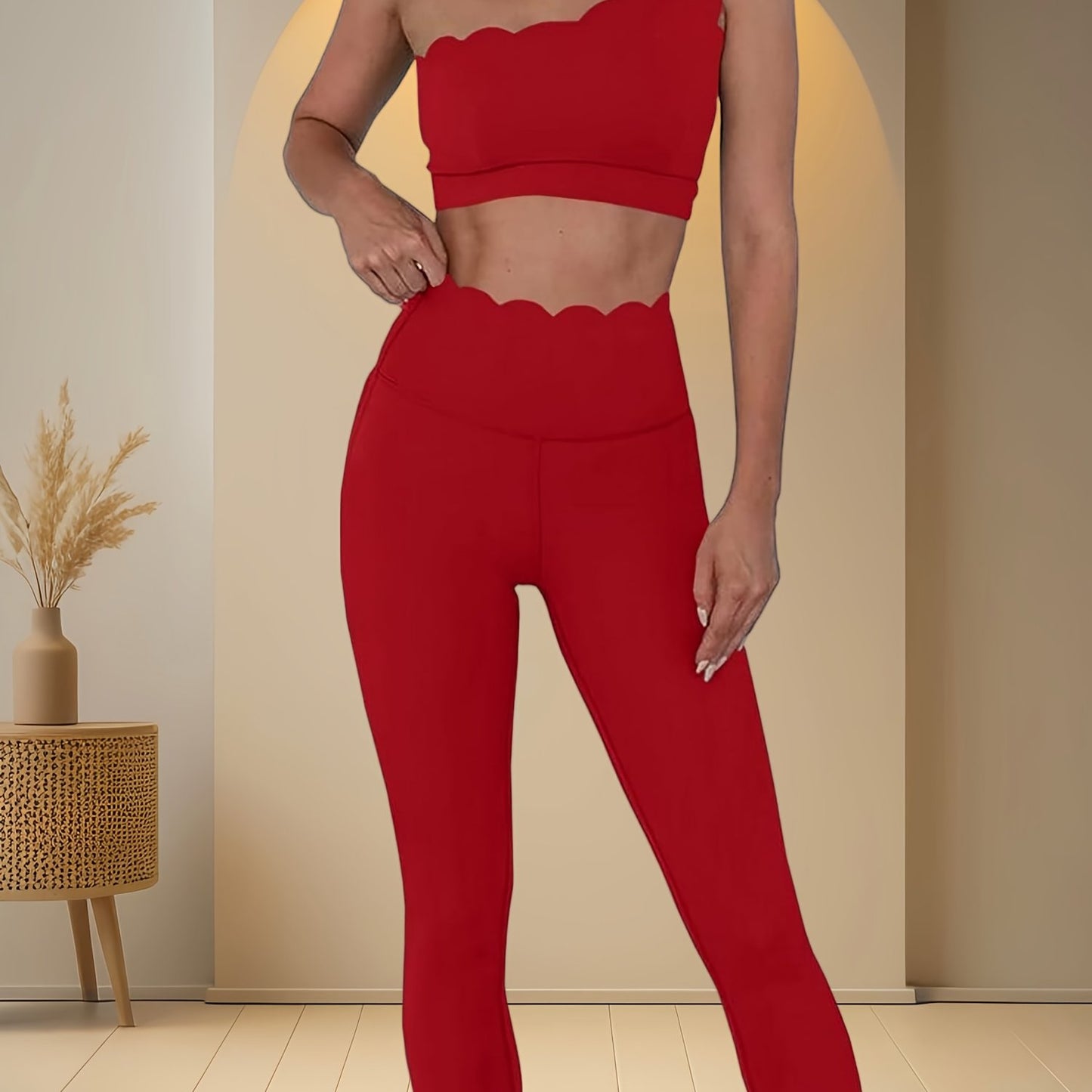 Women Two Piece High Waisted Leggings And Shoulder Bra Set