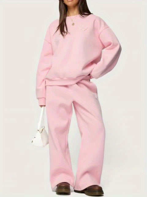Pink Heart-Print Hoodie + Wide-Leg Pants Set for Women | Sweet Heart Embellishments, Perfect for Everyday Outings and Girly Social Occasions