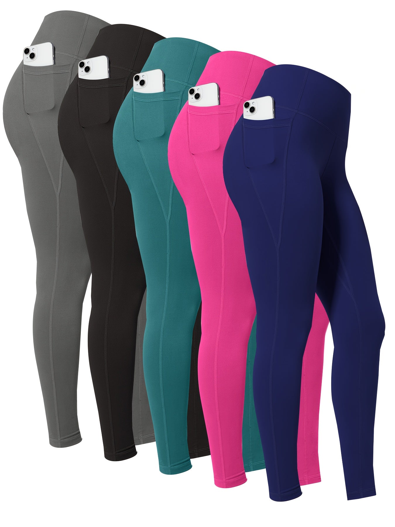 High-Waisted Leggings with Pockets for Women - 5 Pack