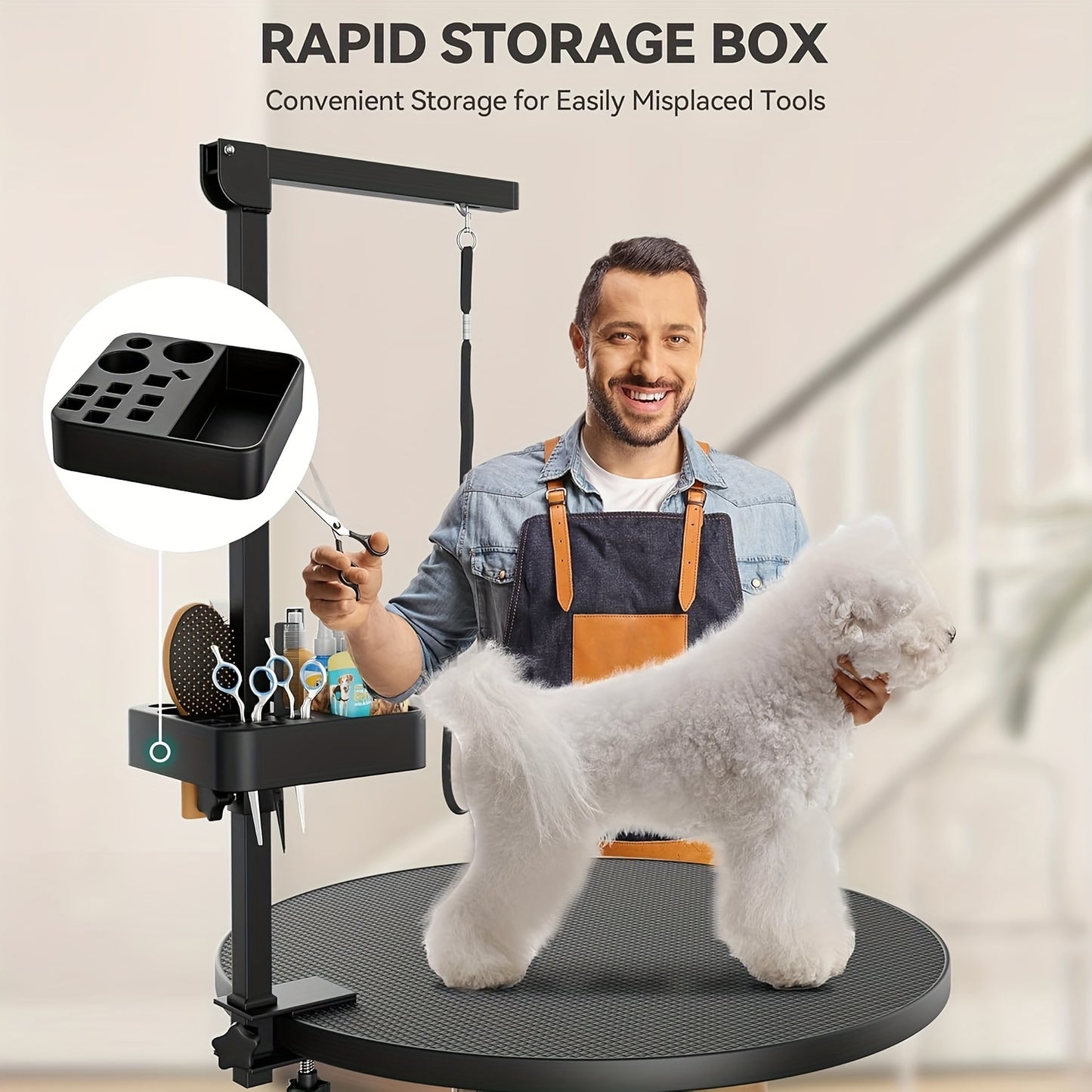 Ergonomic Dog Grooming Table with Rotating Desktop and Organizer
