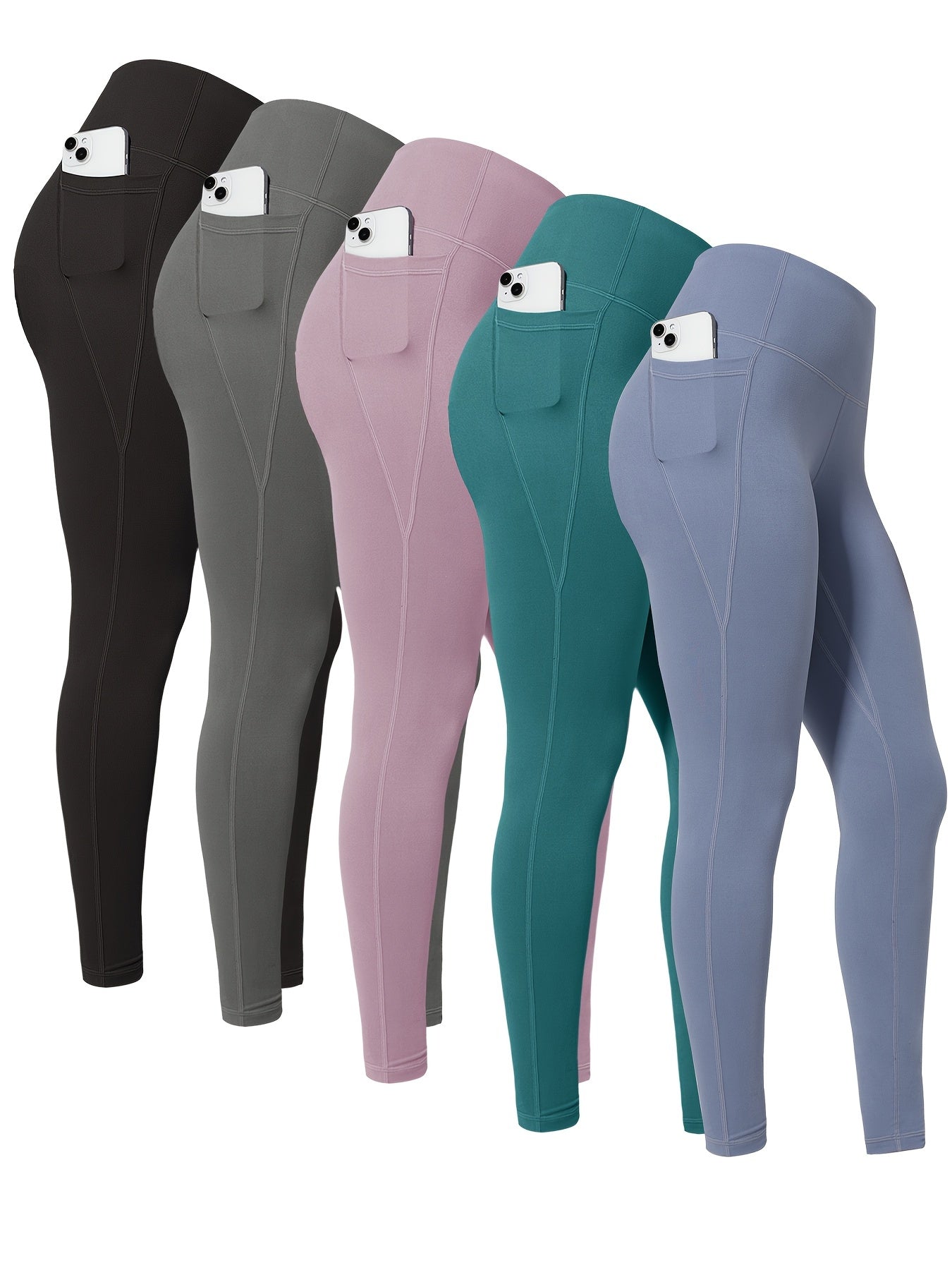High-Waisted Leggings with Pockets for Women - 5 Pack