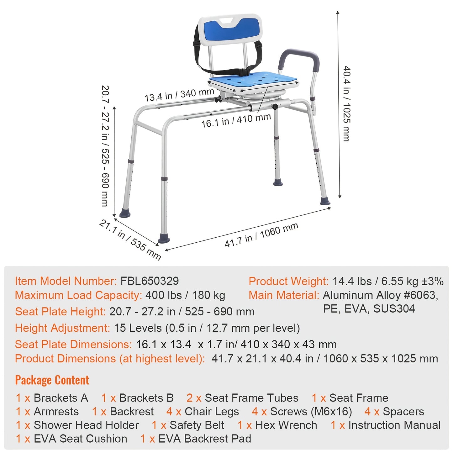 Happybuy Sliding Tub Transfer Bench With Swivel Seat and Armrest