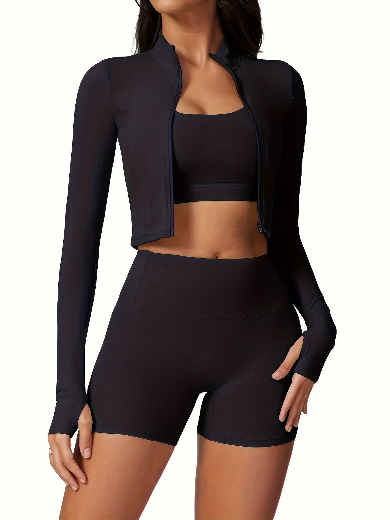 Women Yoga Set With Jacket And High Waisted Shorts Outfit