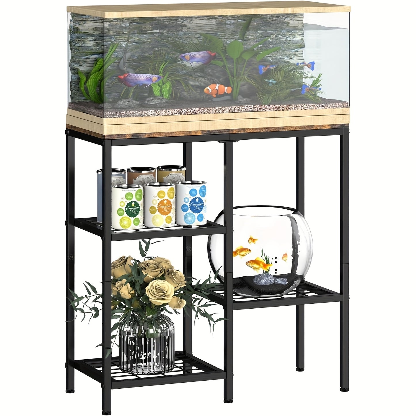 Metal Fish Tank Stand with Shelves for Aquariums and Terrariums