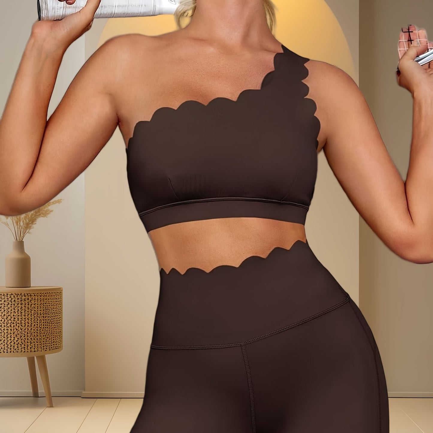 Women Two Piece High Waisted Leggings And Shoulder Bra Set