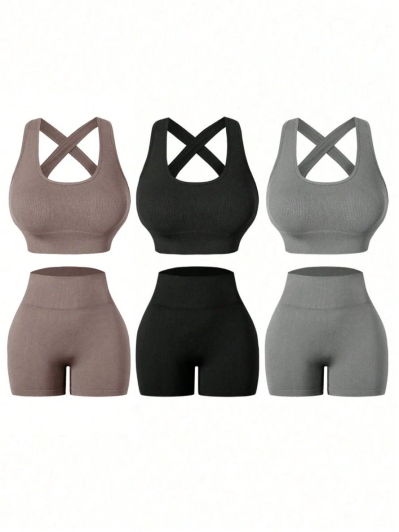 Three Piece Womens Fitness Set With Backless Bra And Shorts
