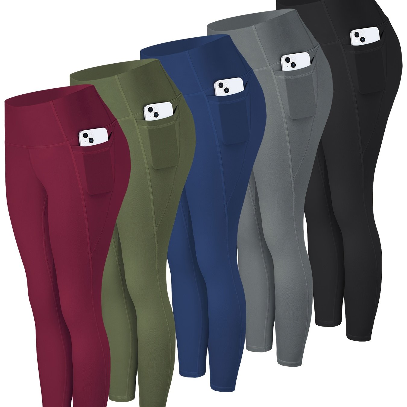 High-Waisted Leggings with Pockets for Women - 5 Pack