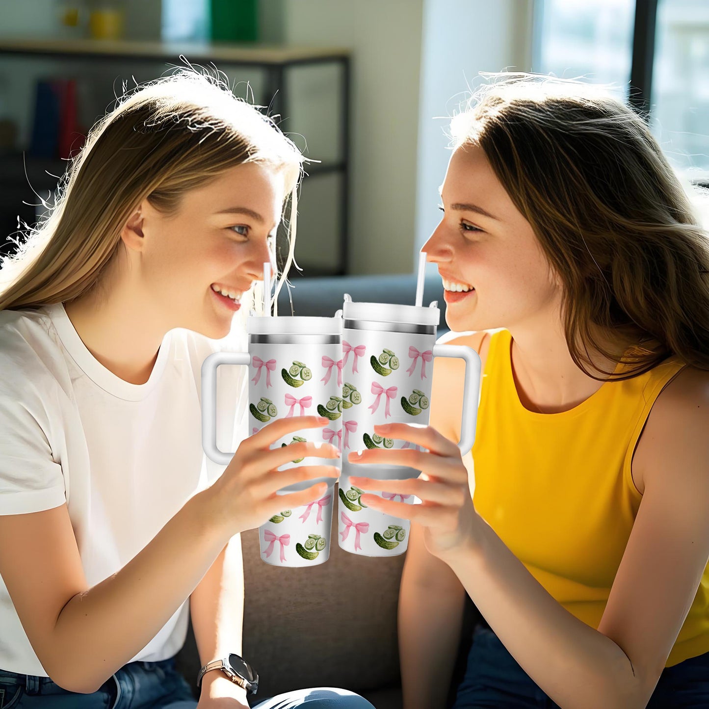 1pc 40oz Humorous Pickle-Themed Stainless Steel Tumbler with "Paint Me Green & Call Me A Pickle" Quote, Vacuum Insulated Cup Keeps Drinks Hot 12H/Cold 24H, Spill-Proof Lid & Straw, Cute Pickle Design with Pink Bows & Dill Pic