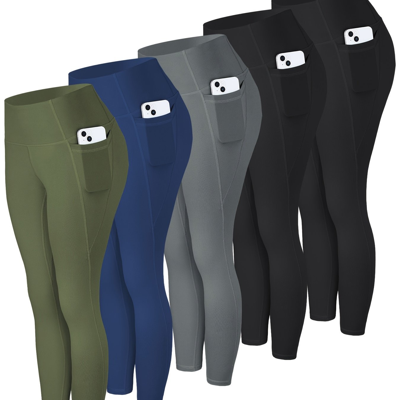 High-Waisted Leggings with Pockets for Women - 5 Pack