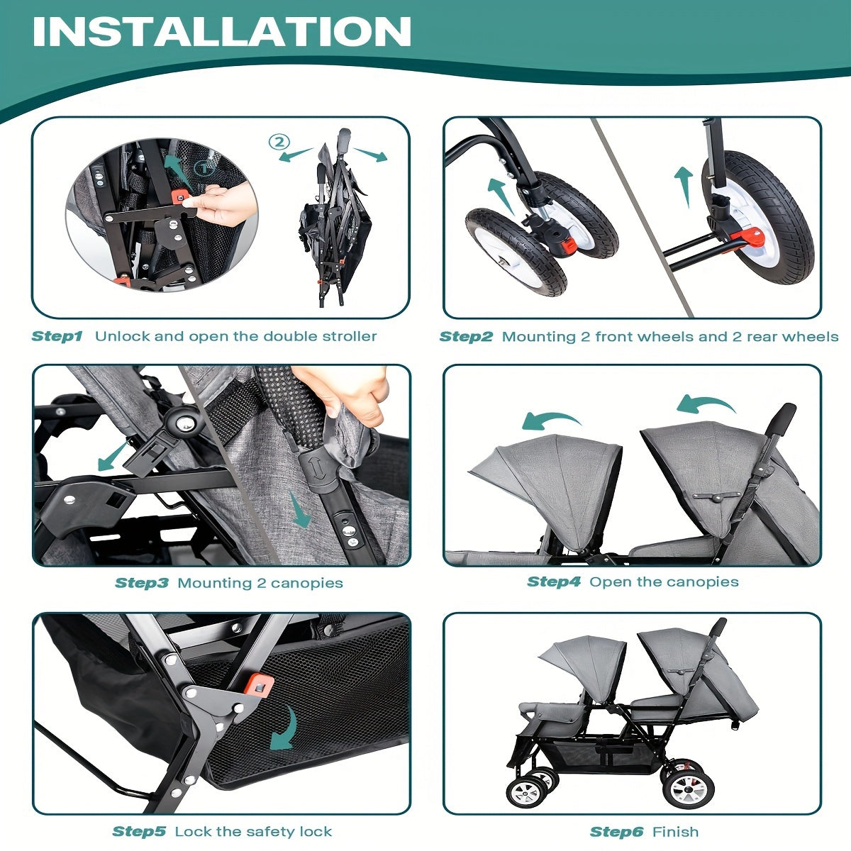 Foldable Double Stroller for Infants and Toddlers with Accessories