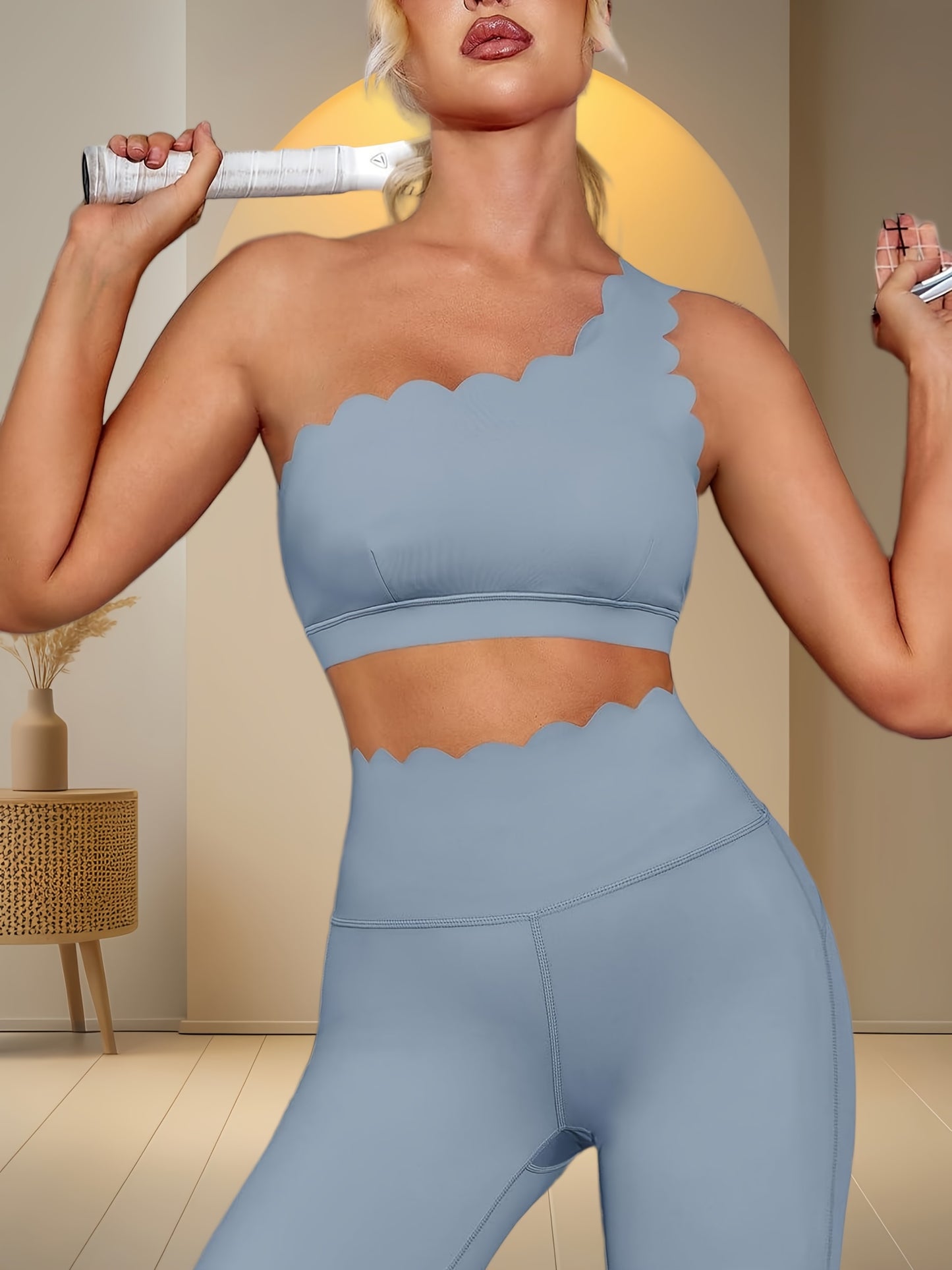 Women Two Piece High Waisted Leggings And Shoulder Bra Set