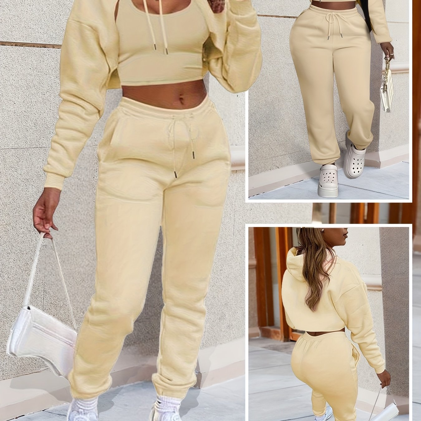 Womens Sexy 3 Piece Tracksuit Set Hoodie Tank Joggers