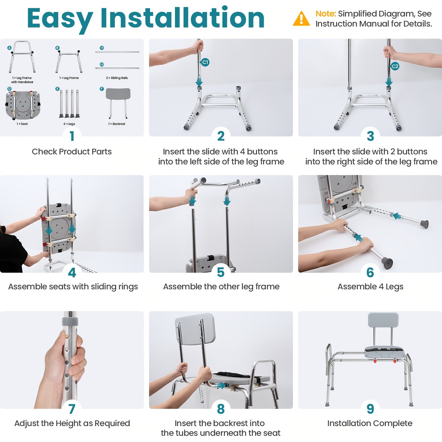 Sliding Shower Chair with Non Slip Aluminum Body and Safety Belt