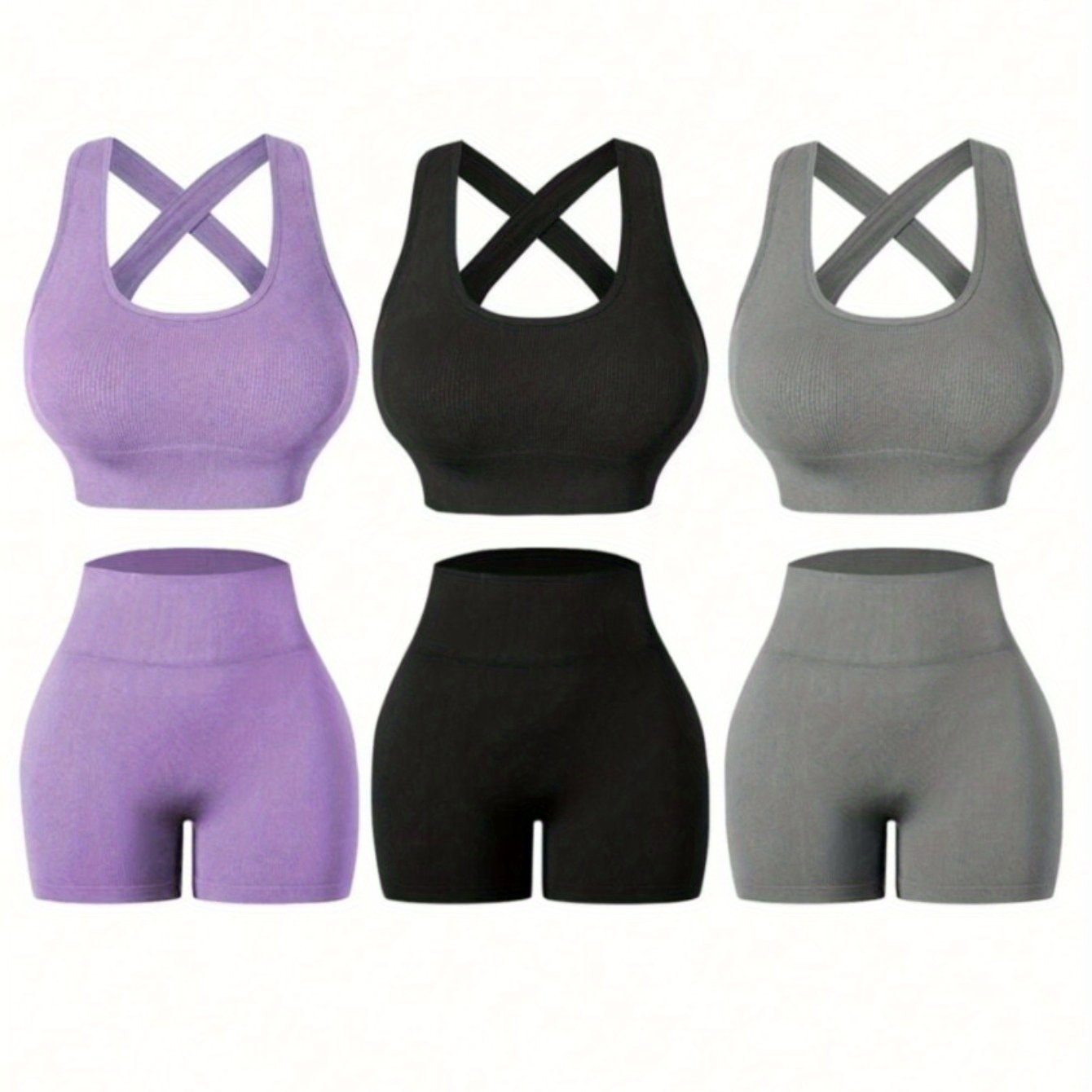 Three Piece Womens Fitness Set With Backless Bra And Shorts