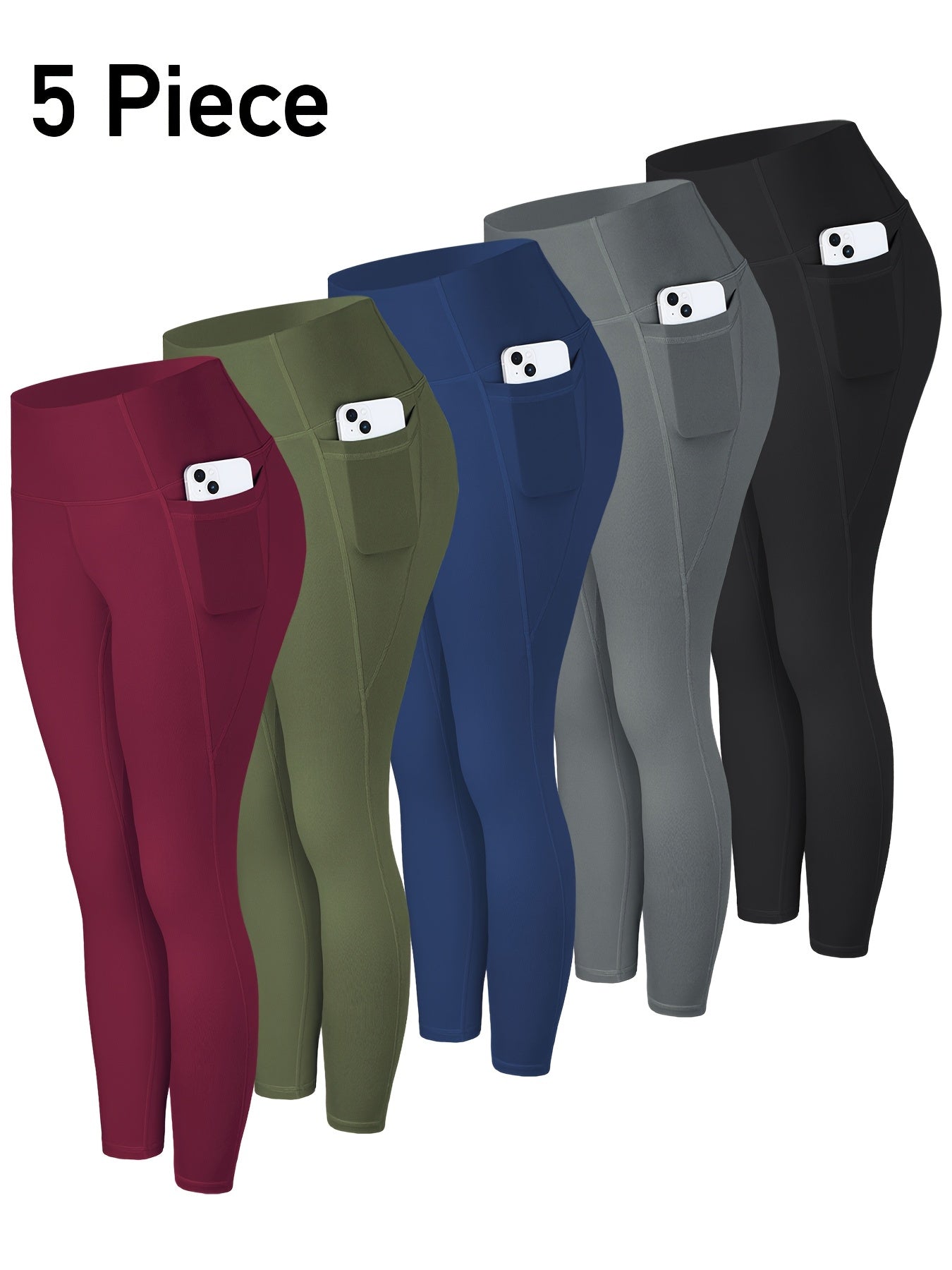 High-Waisted Leggings with Pockets for Women - 5 Pack