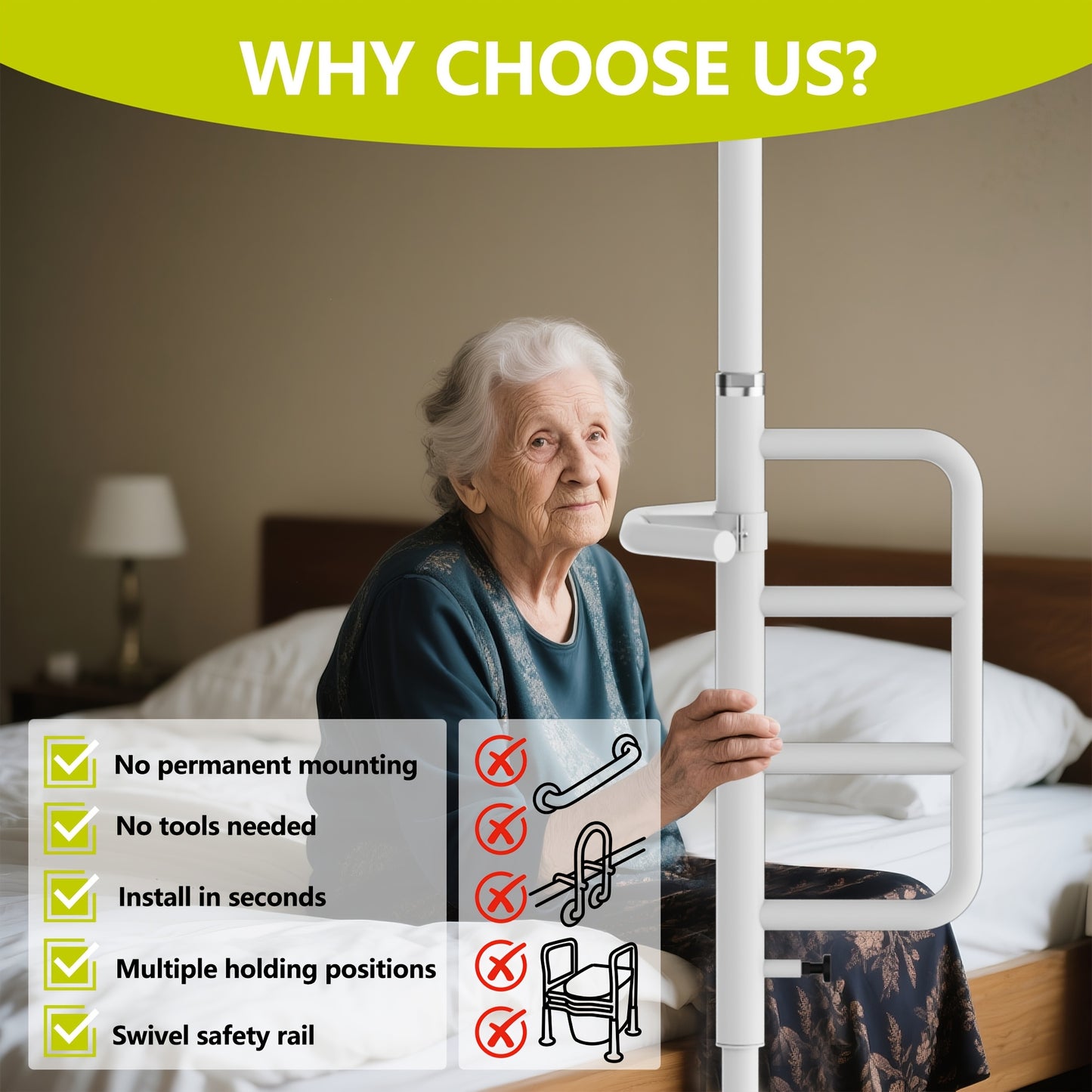 Floor-to-Ceiling Tension Pole with Curved Grab Bar for Safety