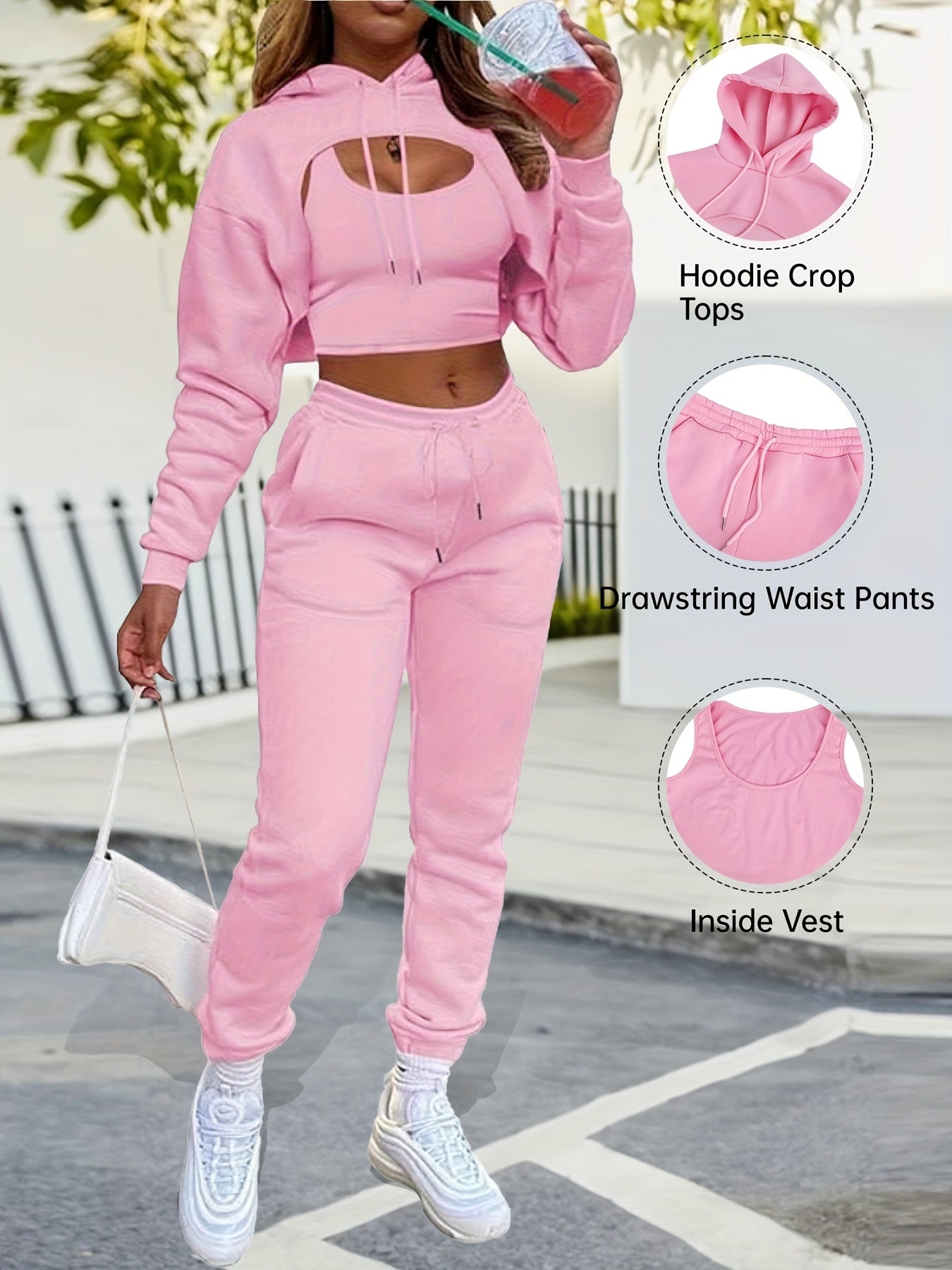Womens Sexy 3 Piece Tracksuit Set Hoodie Tank Joggers