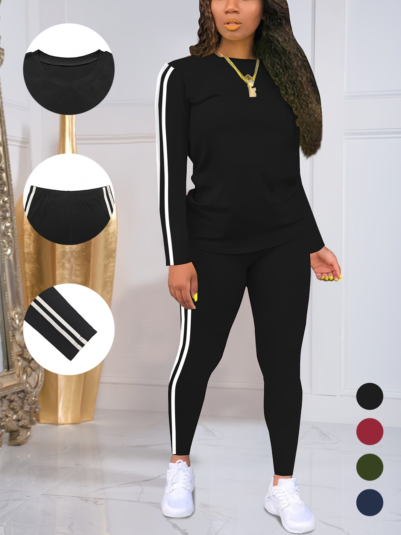 Womens Striped Side Lounge Set With Long Sleeve Pants