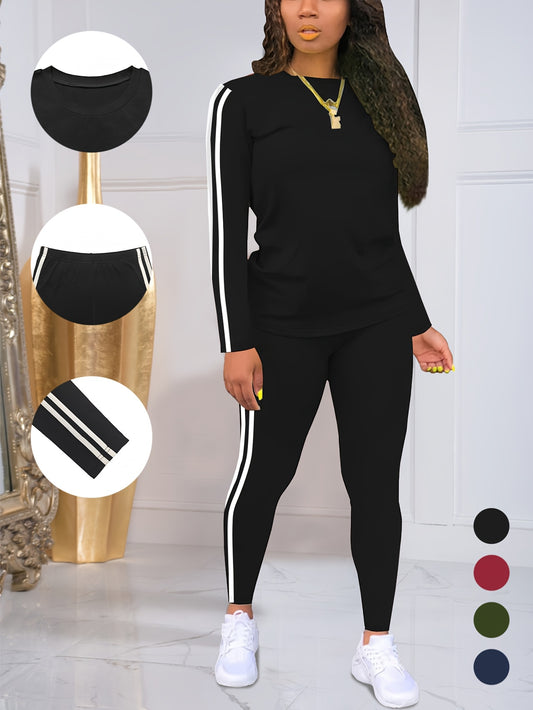 Womens Striped Side Lounge Set With Long Sleeve Pants