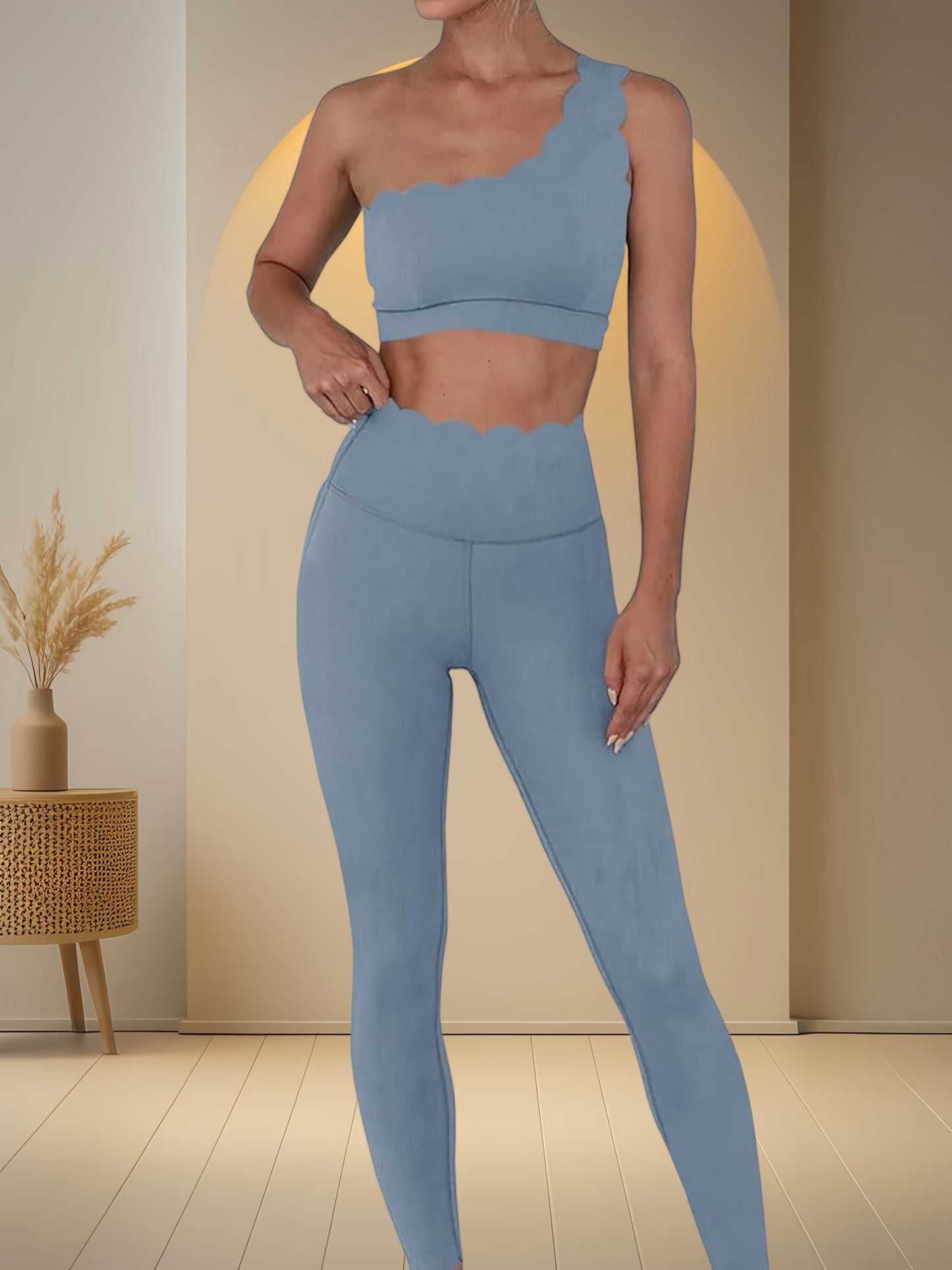 Women Two Piece High Waisted Leggings And Shoulder Bra Set