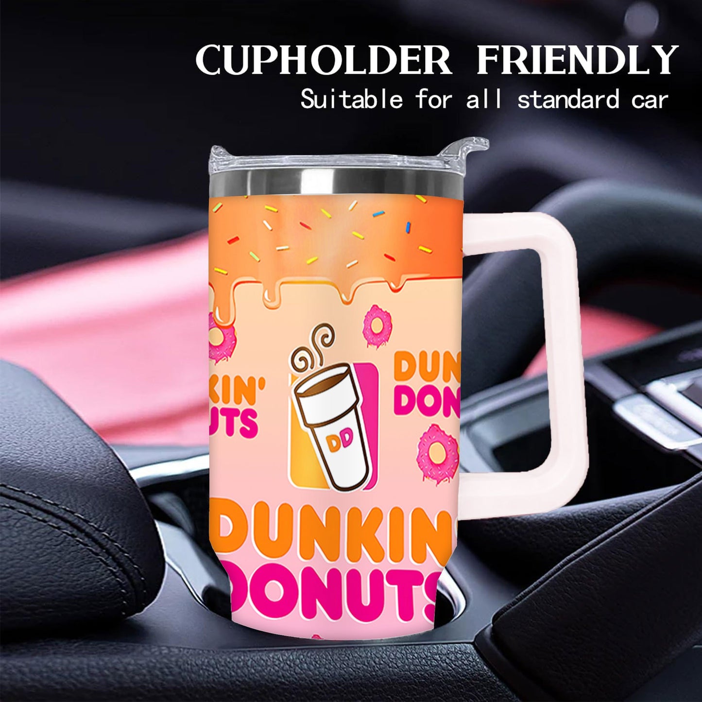 1pc 40oz Dunkin' Donuts Vibrant Pattern Tumbler, Double Wall Vacuum Insulated Travel Mug, Spill Proof Lid, Gift for Dad, Mom, Ideal for Christmas, Mother'S Day, Birthday Gift, Coffee Cup