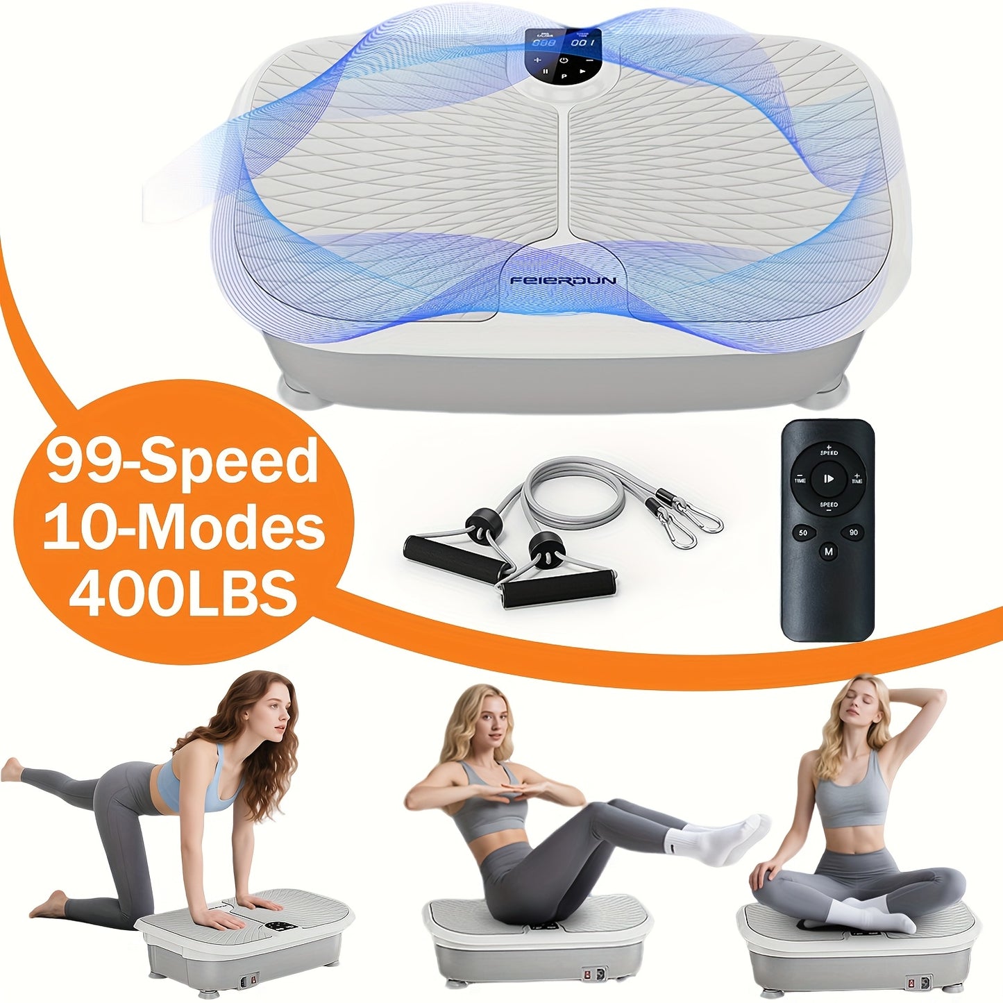 FEIERDUNSTYO Vibration Plate Exercise Machine For Lymphatic Drainage, Power Vibrate Stand Shake Board 400Lbs Capacity Whole Body Workout Waver With Fitness Resistance Bands Weight Loss Gifts For Women Men, Without Battery