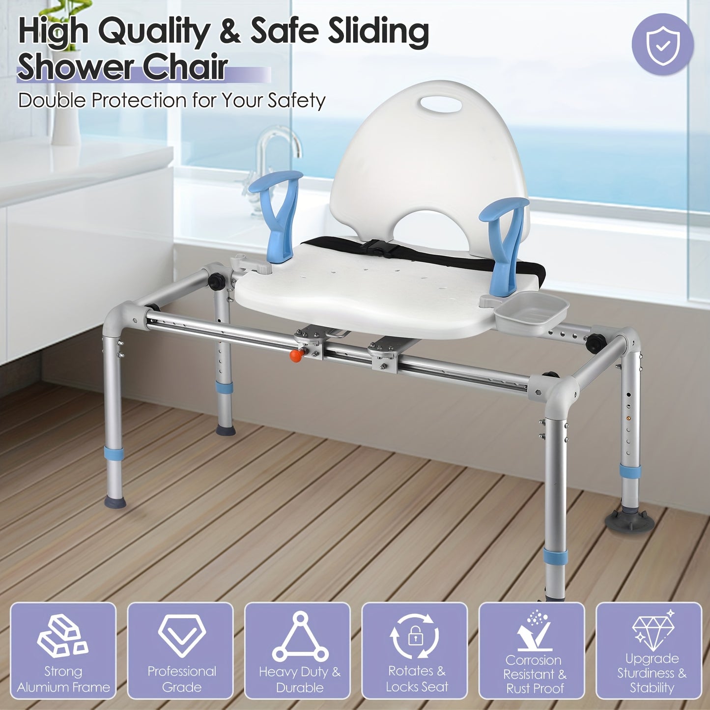 Adjustable Height Elderly Shower Bath Bench with Safety Seat