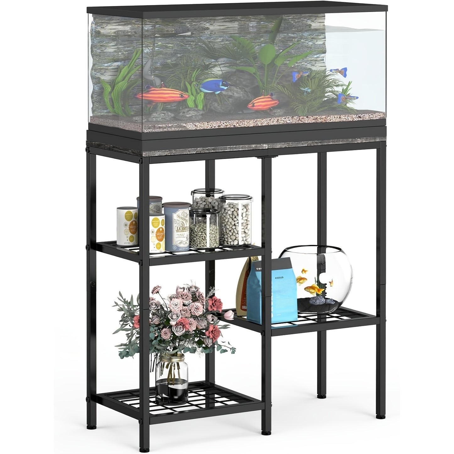 Metal Fish Tank Stand with Shelves for Aquariums and Terrariums
