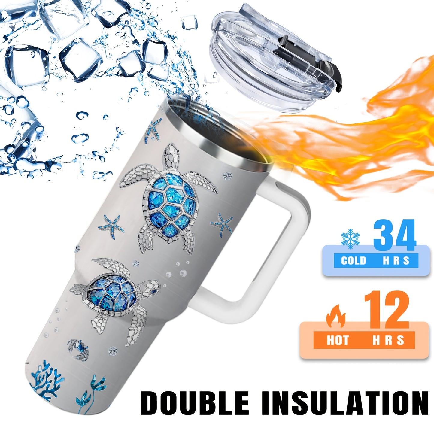 1pc Turtle Mug, Gift for Women with Turtles, Jewelry Turtle Gifts, Turtle Enthusiast Gifts, Turtle Coffee Mug, Turtle Stainless Steel Cup 40oz, with Handle and Lid, Sports Cup with Turtle Pattern, Outdoor Travel Cup