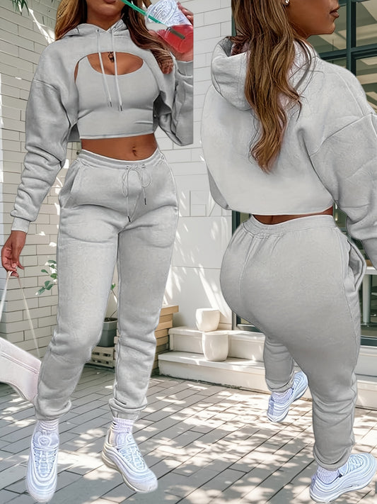 Womens Sexy 3 Piece Tracksuit Set Hoodie Tank Joggers