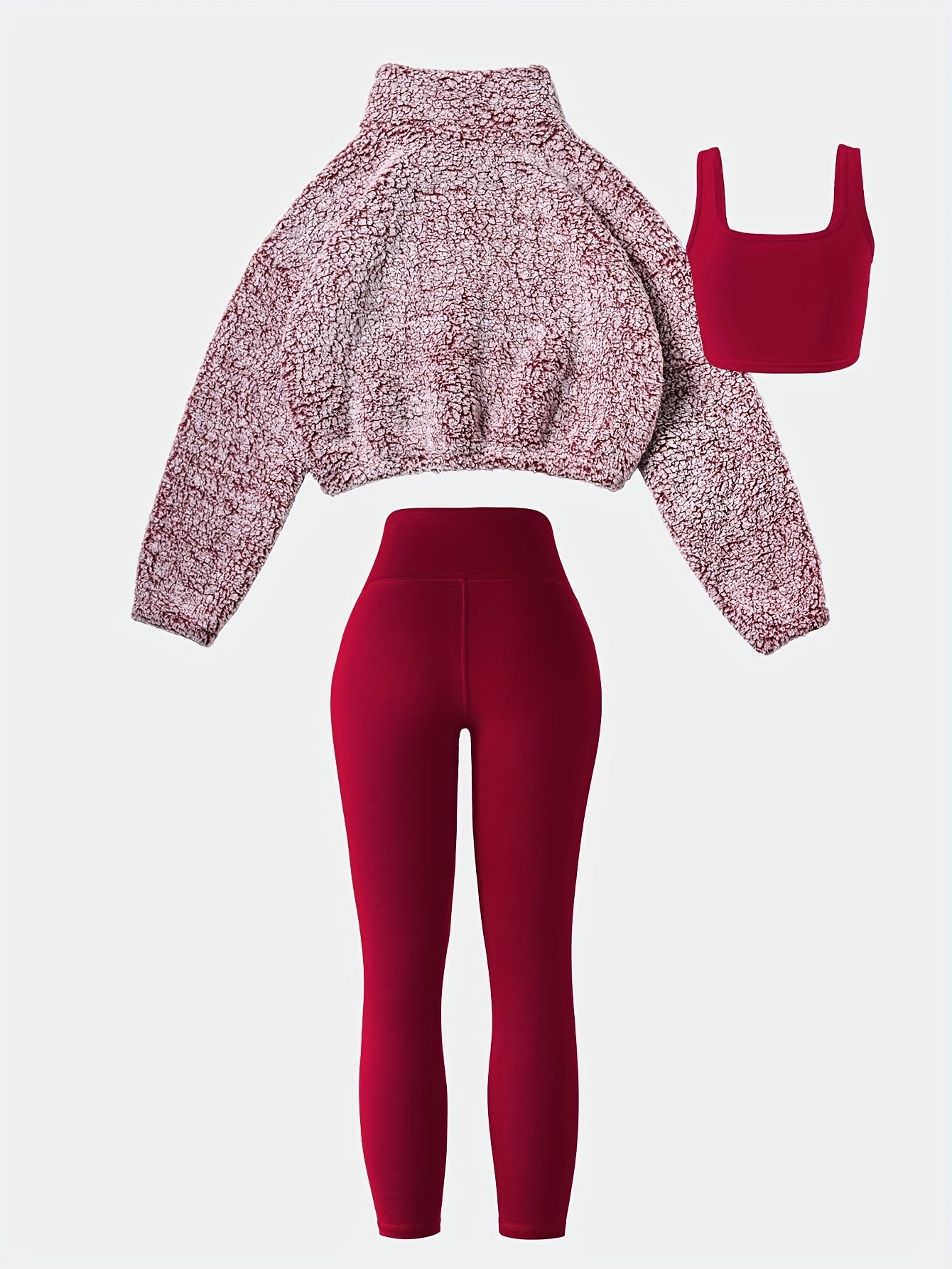 3pcs Women's -Lined Athletic Set: Bubble Texture Short Jacket, Breathable Sports Bra & Quick-Dry Yoga Leggings - Full Coverage Winter Gym Suit, Non-Transparent Workout Outfit (Polyester) for Training, Yoga & Cold Weather