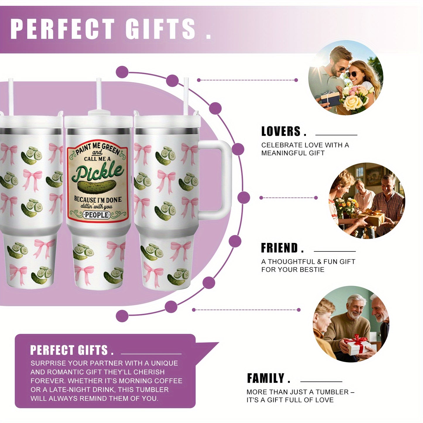 1pc 40oz Humorous Pickle-Themed Stainless Steel Tumbler with "Paint Me Green & Call Me A Pickle" Quote, Vacuum Insulated Cup Keeps Drinks Hot 12H/Cold 24H, Spill-Proof Lid & Straw, Cute Pickle Design with Pink Bows & Dill Pic