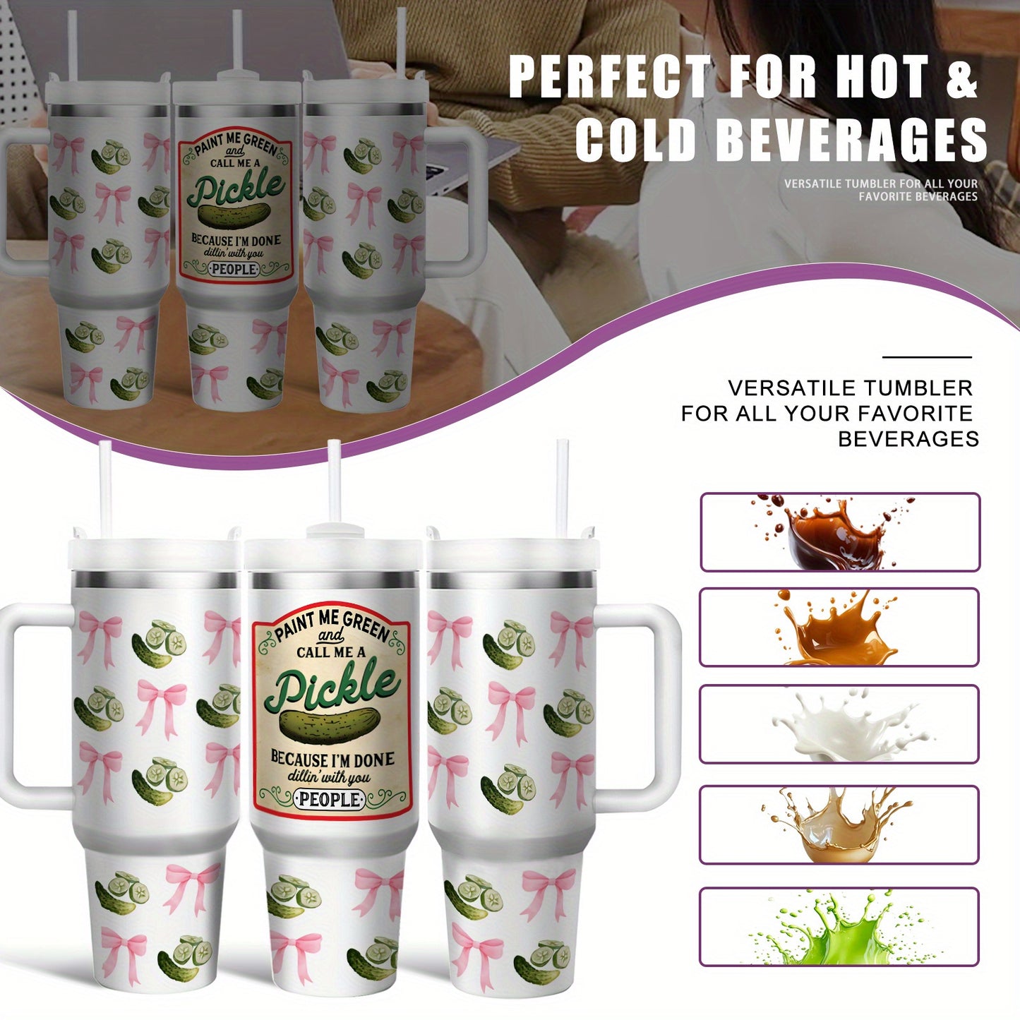 1pc 40oz Humorous Pickle-Themed Stainless Steel Tumbler with "Paint Me Green & Call Me A Pickle" Quote, Vacuum Insulated Cup Keeps Drinks Hot 12H/Cold 24H, Spill-Proof Lid & Straw, Cute Pickle Design with Pink Bows & Dill Pic